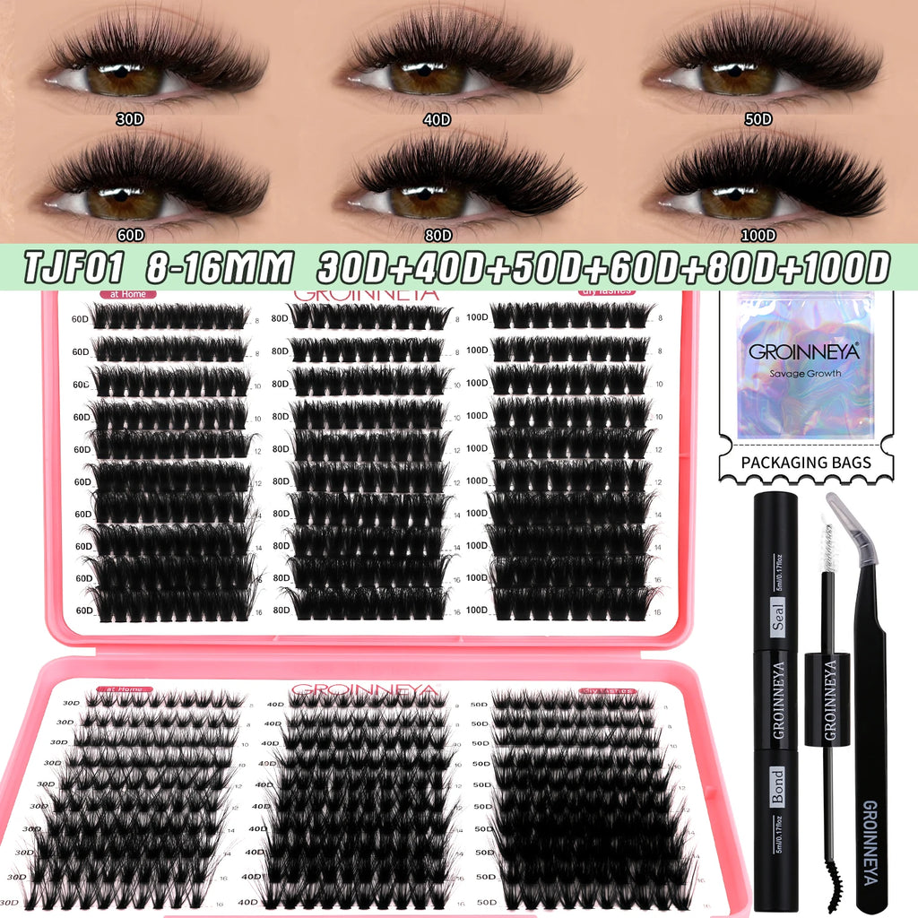 DIY Lash Clusters Kit Mixed Tray Eyelash Extension Full Set Individual Lashes with Lash Bond&Seal and Tweezers Tool