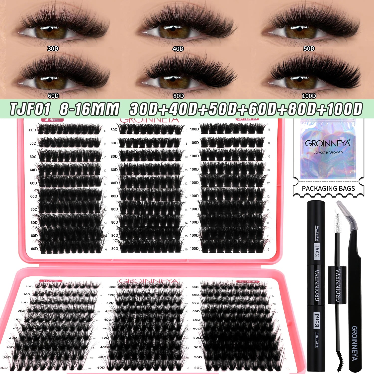 DIY Lash Clusters Kit Mixed Tray Eyelash Extension Full Set Individual Lashes with Lash Bond&Seal and Tweezers Tool