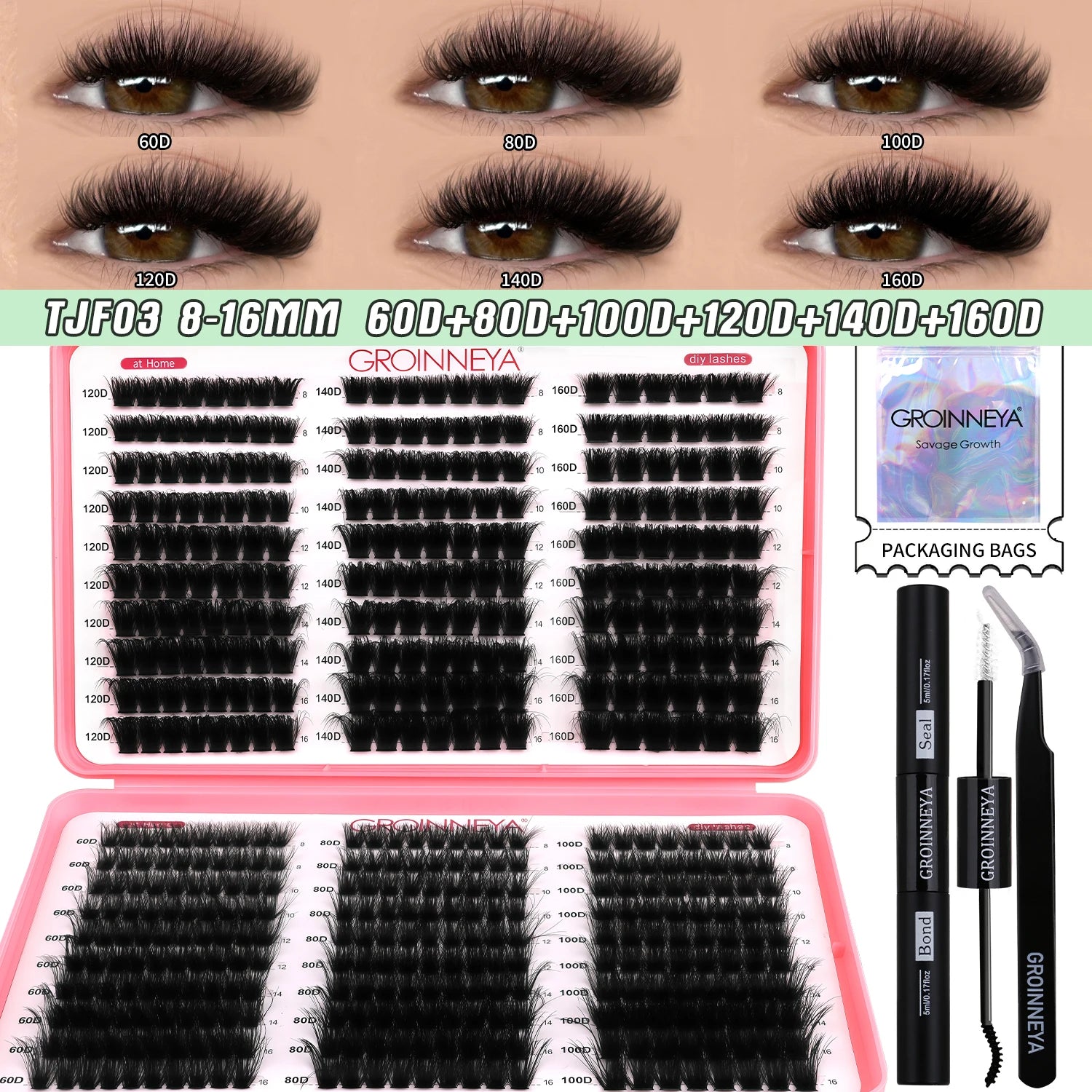 DIY Lash Clusters Kit Mixed Tray Eyelash Extension Full Set Individual Lashes with Lash Bond&Seal and Tweezers Tool