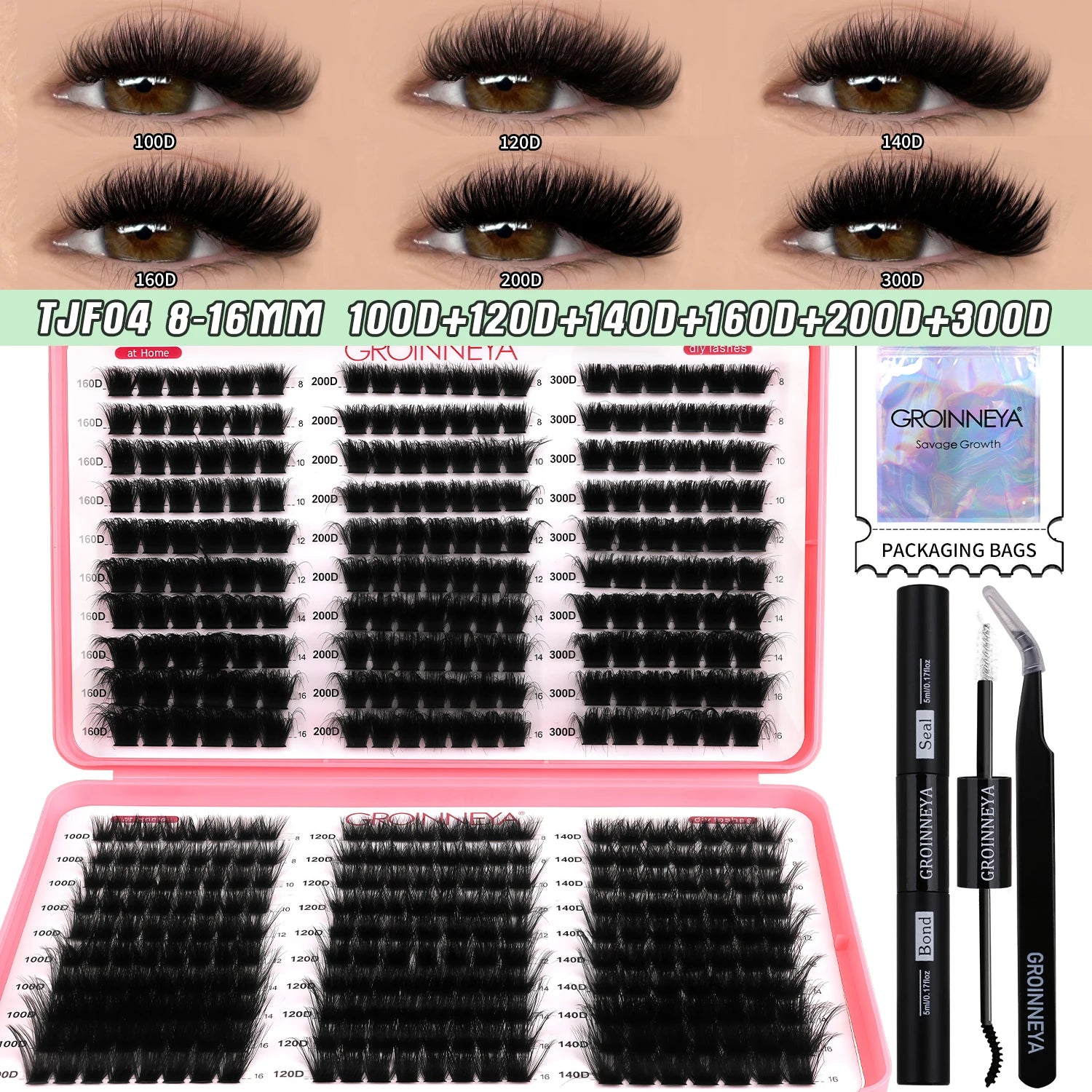 DIY Lash Clusters Kit Mixed Tray Eyelash Extension Full Set Individual Lashes with Lash Bond&Seal and Tweezers Tool